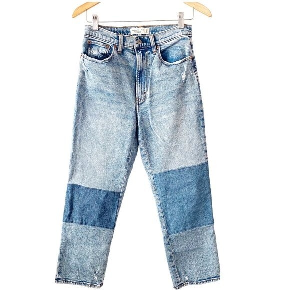 Abercrombie &amp; Fitch Medium Wash Patchwork Ultra High Rise Ankle Straight Jeans